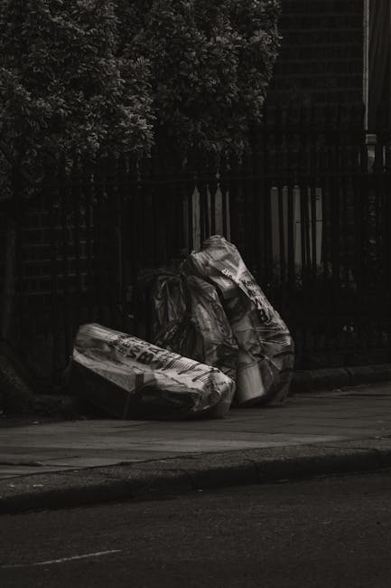 Three large black plastic garbage bags filled with waste are placed on a paved pavement in front of a wooden fence with vertical slats, adjacent to a dense green shrubbery on the left side of the image. The bags appear to contain household rubbish and are slightly crumpled, with some areas showing shiny surfaces reflecting light. The surrounding environment includes a section of roadside curb below the bags and a dark, shadowed background created by the fence and foliage, suggesting an outdoor urban or suburban setting. This scene may relate to private waste disposal or alternative rubbish collection services provided by local waste management companies like Rubbish Collection Bayswater, often involved in on-site clearance or independent collection efforts outside regular municipal disposal systems.